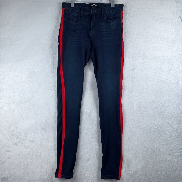 Express Skinny Jeans Womens Size 8L Red Stripes Stretch Super Soft Mid Rise Blue - Picture 1 of 12